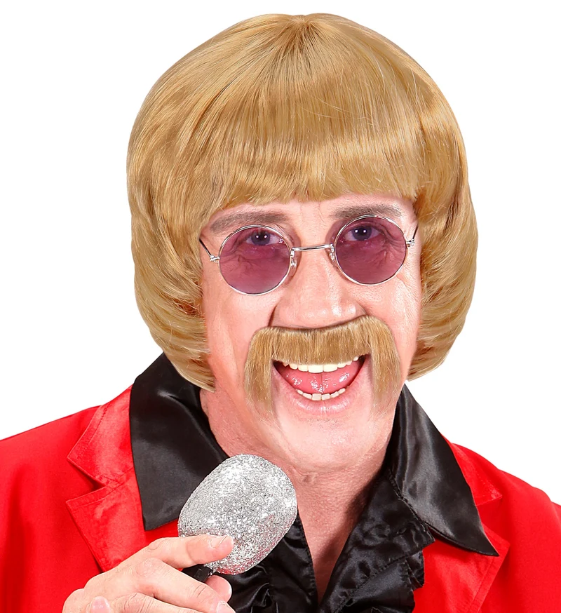 pruik popster 60s blond met snor en bril