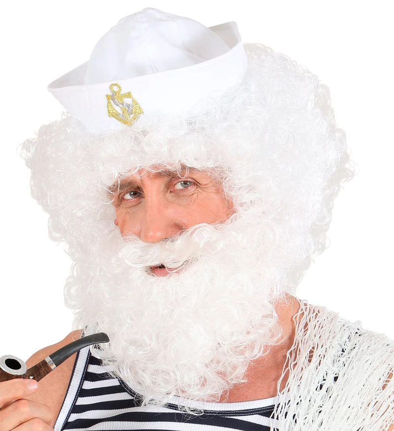 pruik karakter met krullen en baard wit