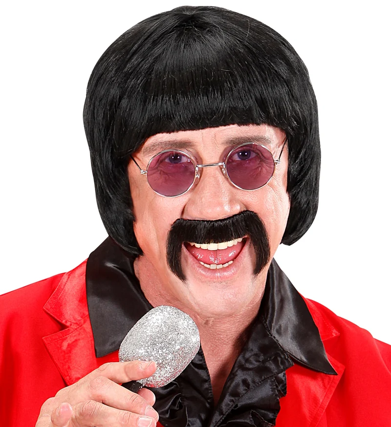 pruik popster 60s zwart met snor en bril