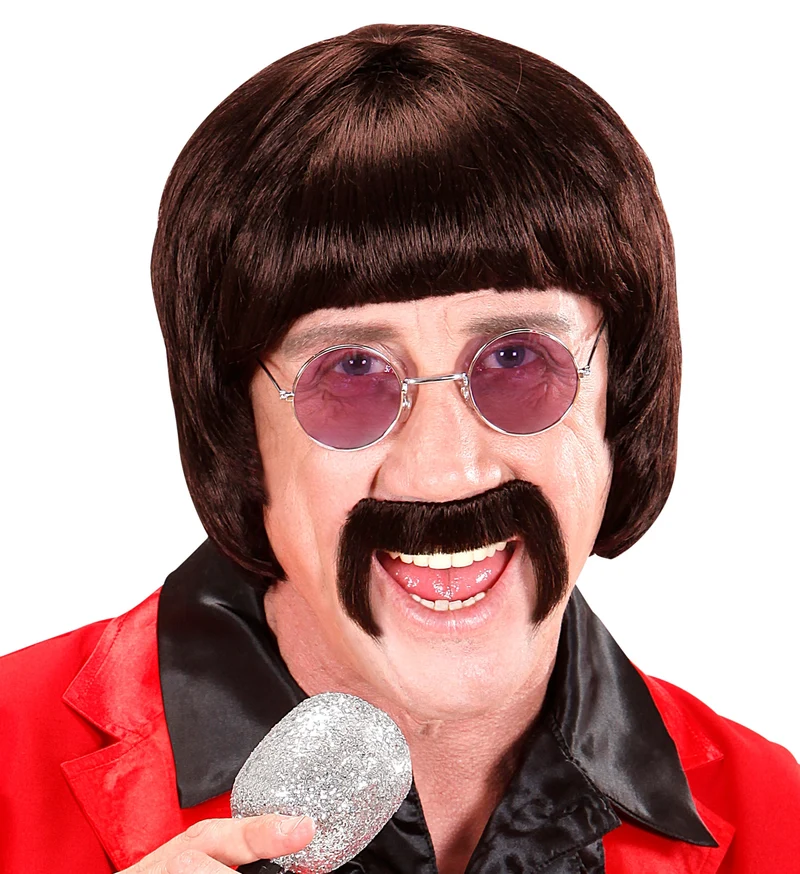 pruik popster 60s bruin met snor en bril