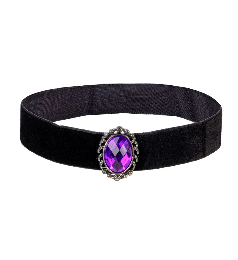 Halsband fluweel zwart met paarse steen