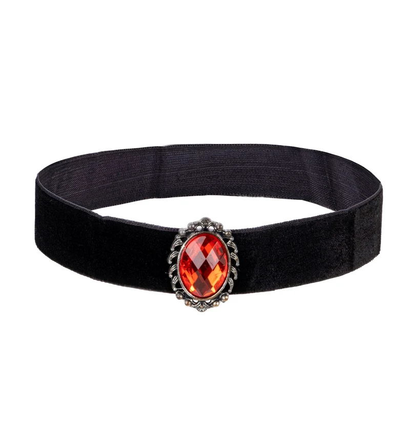 Halsband fluweel zwart met rode steen