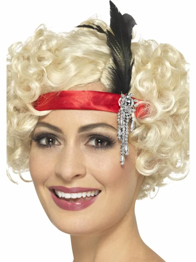 Jaren 20 hoofdband rood met veer en juweel