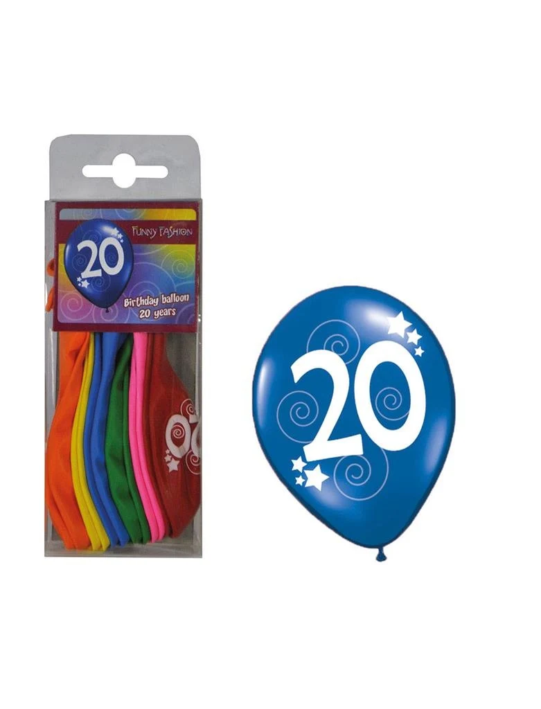 Leeftijdsballonnen cijfer 20 gemixte kleuren