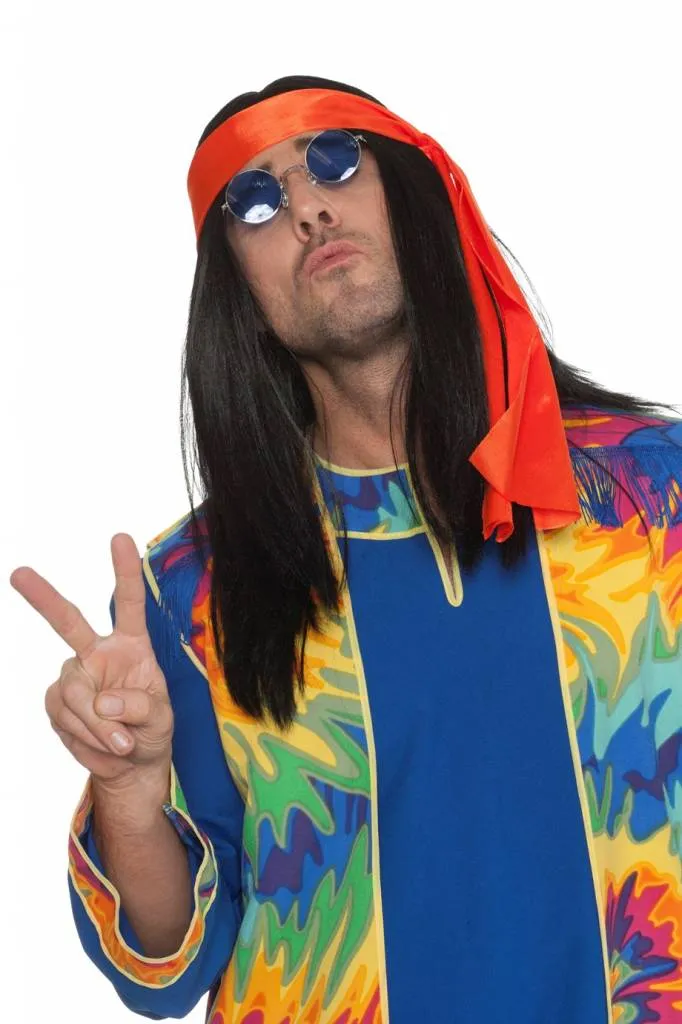 Hippie pruik zwart + hoofdband