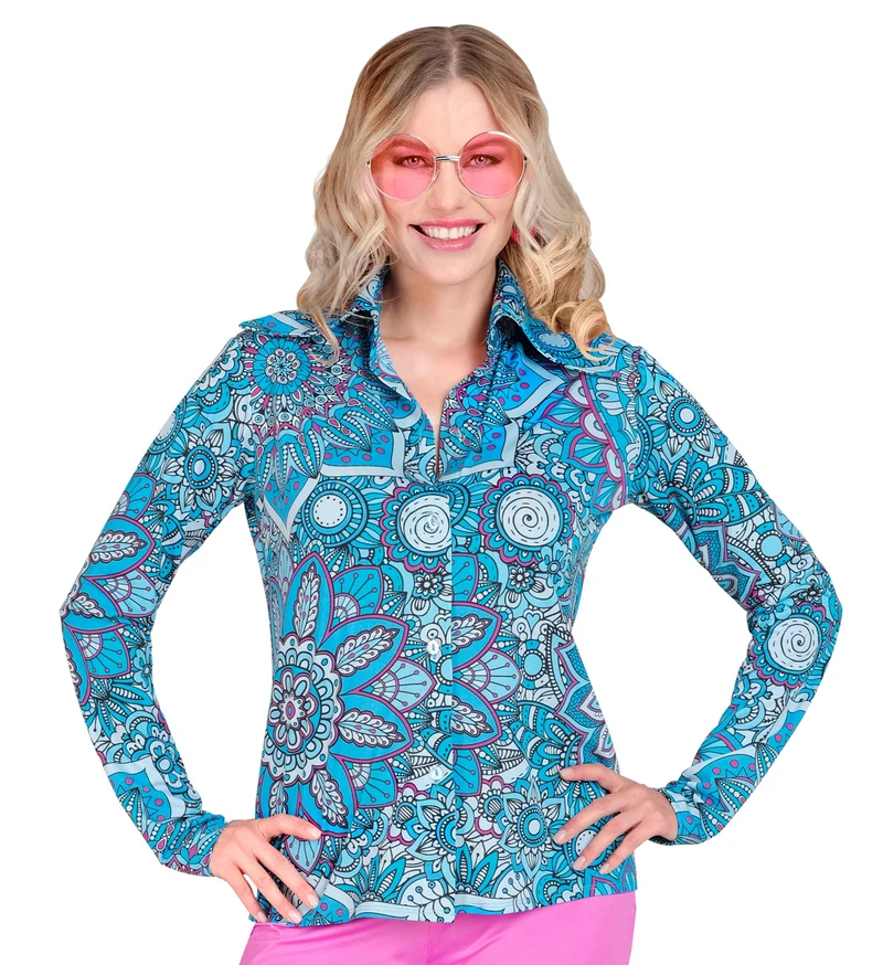 Jaren 70 shirt mandala blauw dames