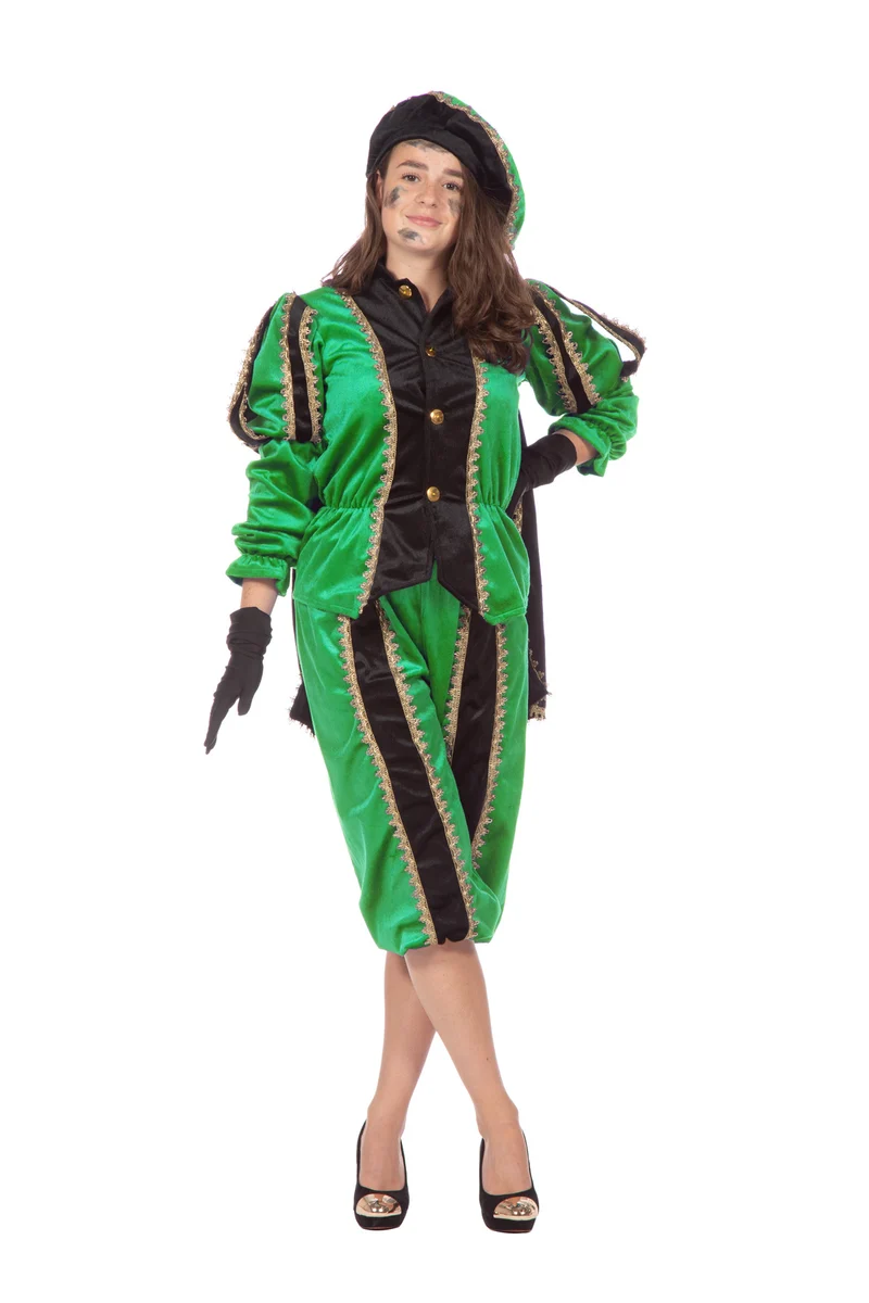 Pieten pak vrouw imitatie fluweel groen/zwart