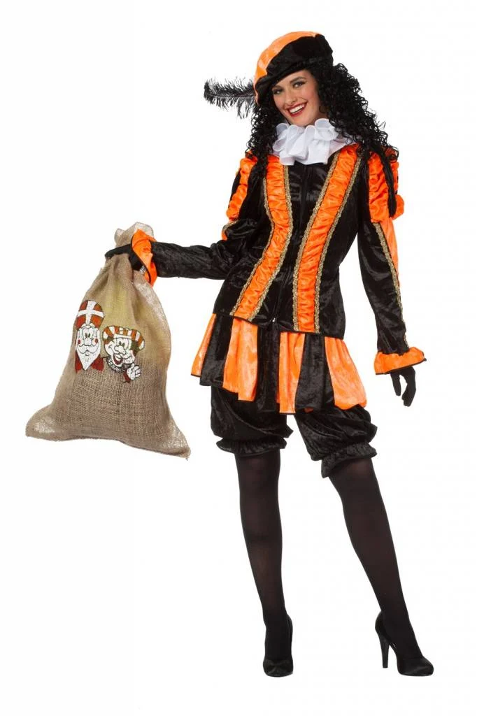 Dames pietenpak oranje/zwart luxe