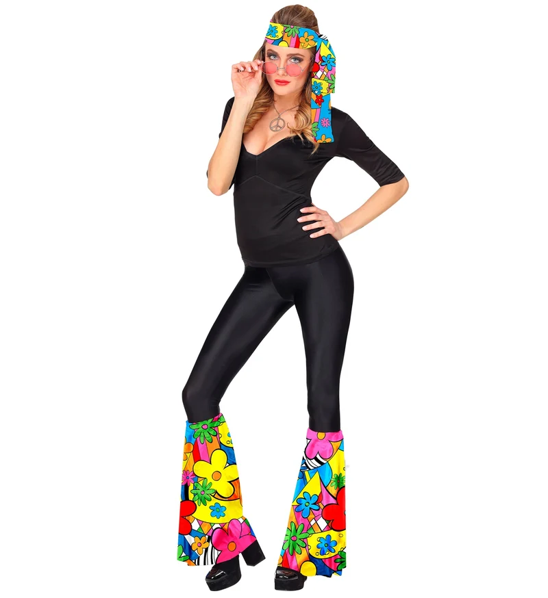 Hippie verkleedset jaren 70 kleurrijk met bloemenbeenwarmers en hoofdband