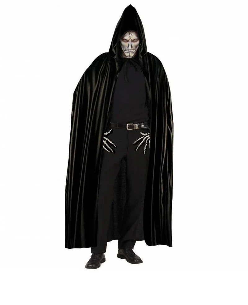 Lange zwarte cape met kap 142cm