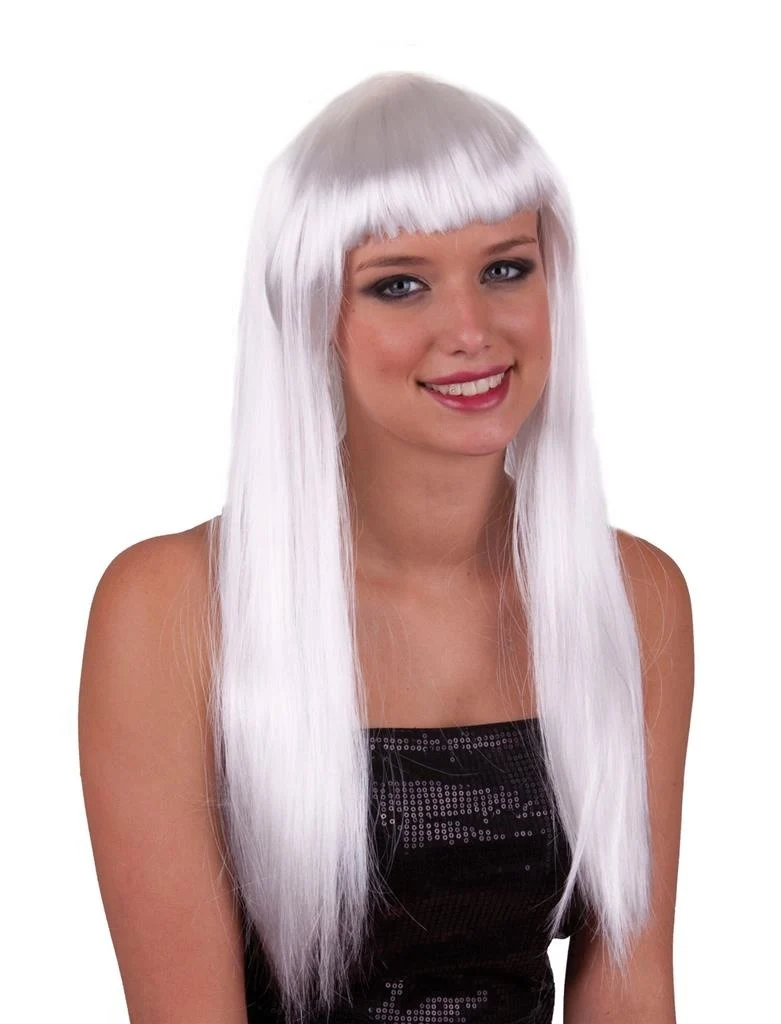 Pruik lang stijl wit haar met pony