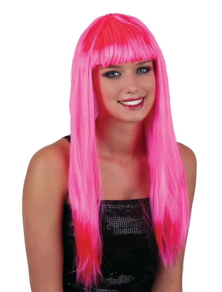 Pruik lang stijl haar met pony roze/fuchsia