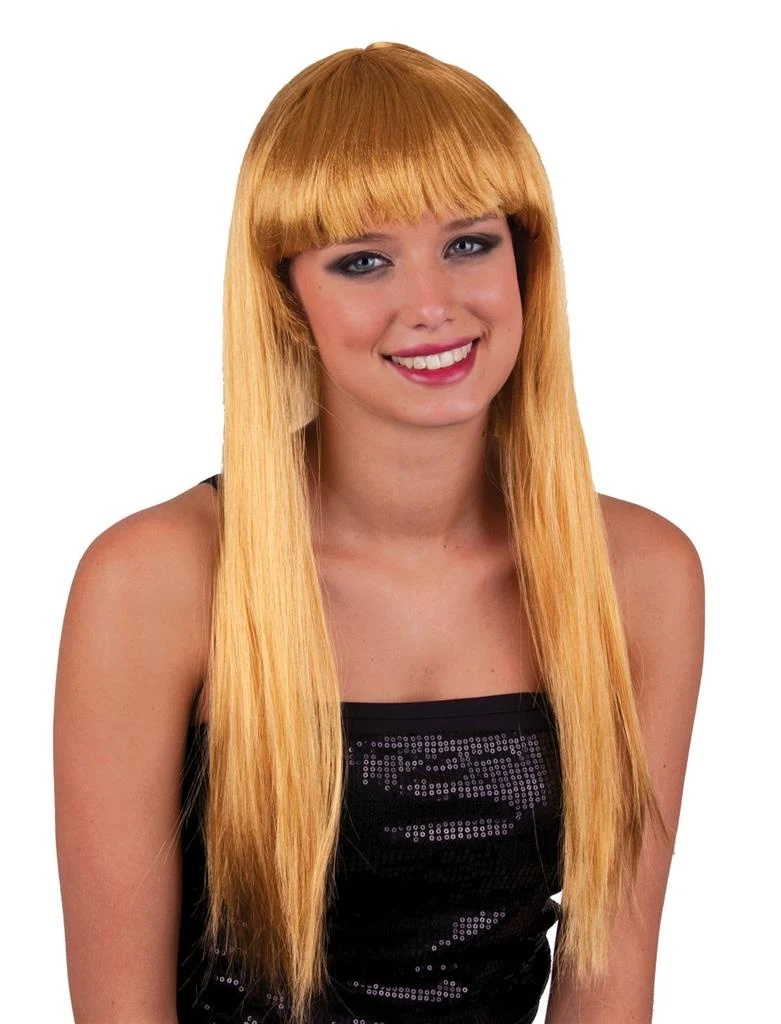 Pruik lang stijl donkerblond met pony