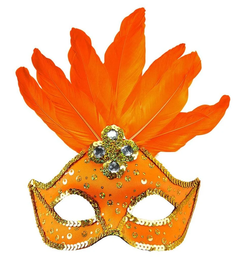 Oogmasker met veren en parels neon oranje