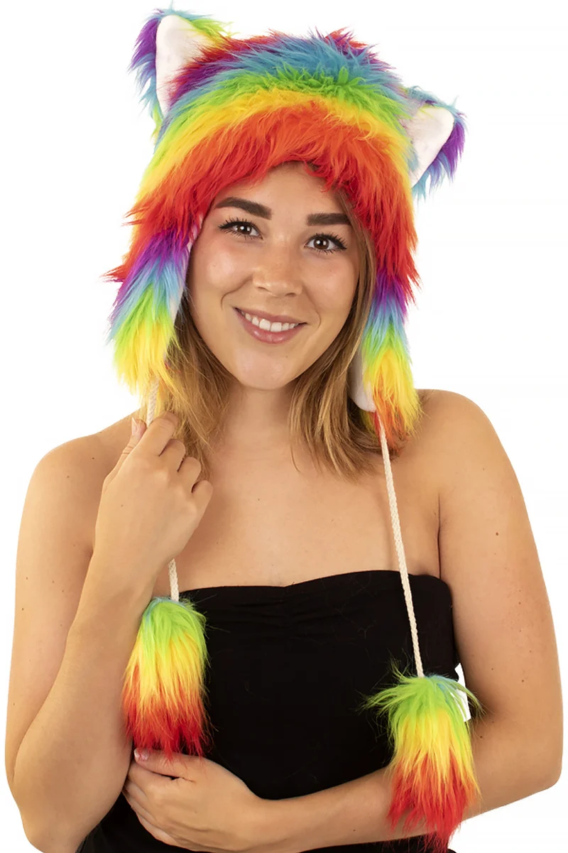 Muts pluche luxe regenboogkleuren