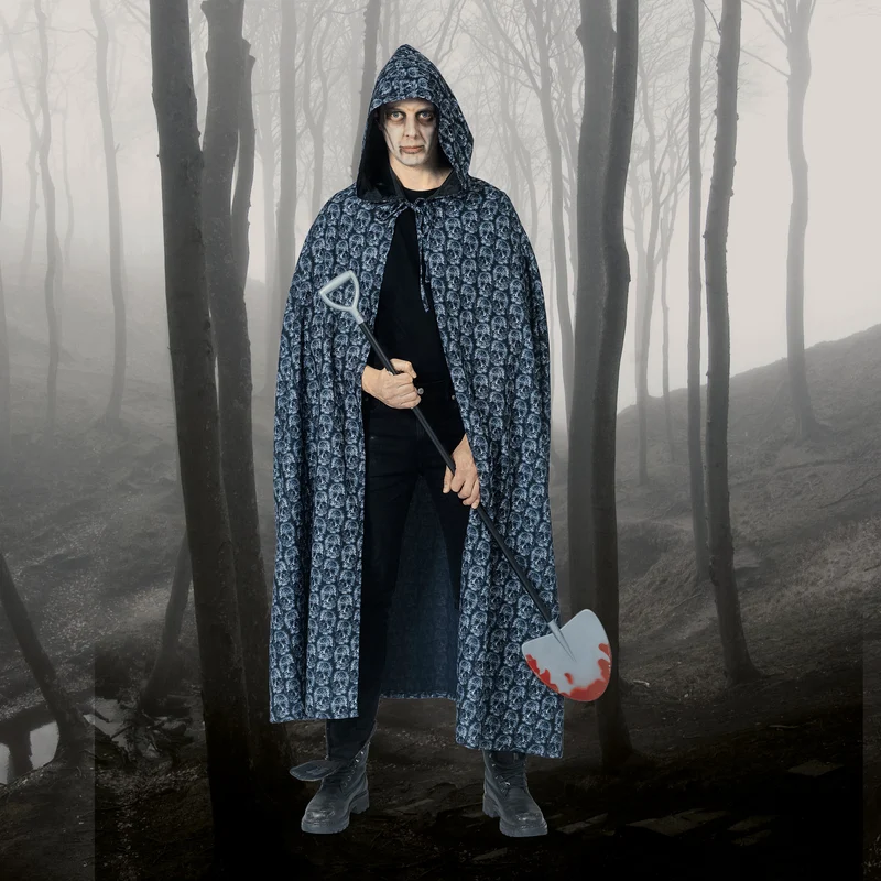 Zwarte cape met kap schedel print