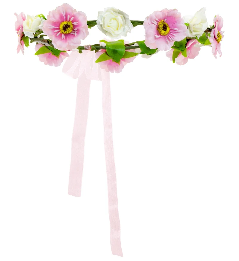 Haarband bloemen wit roze met lint