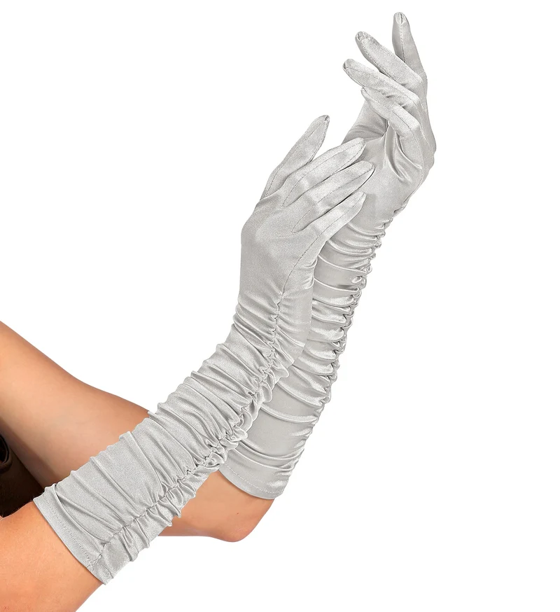 Handschoenen satijn plissé zilver