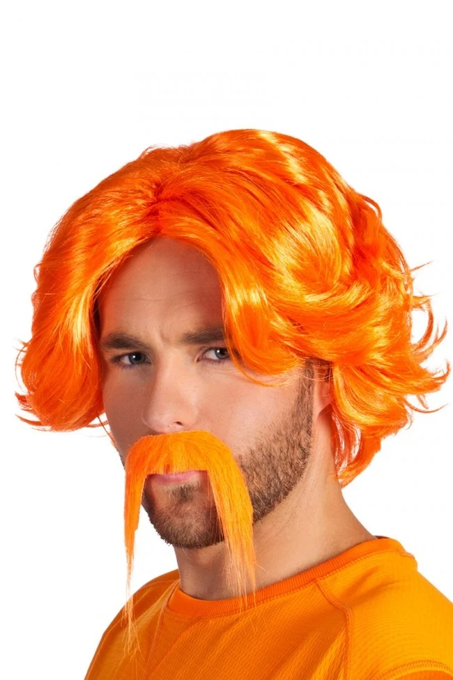 Pruik chuck met snor oranje