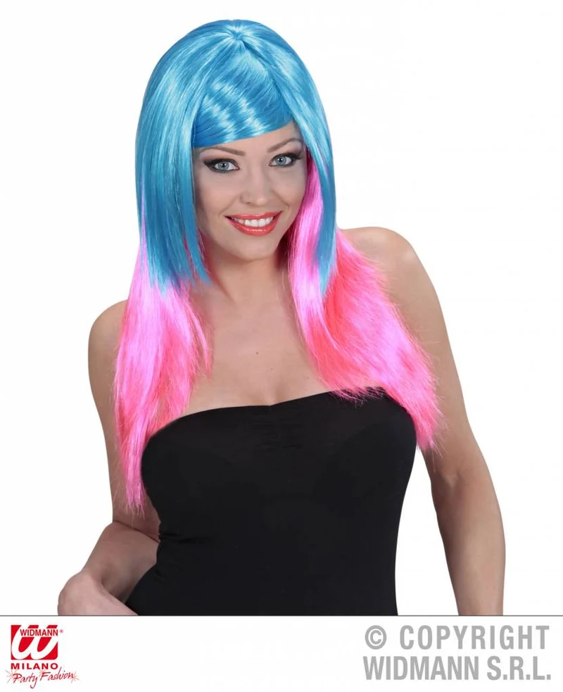 Pruik meerkleurig blauw/roze