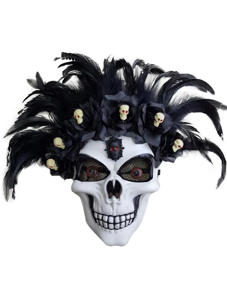 Masker doodshoofd met veren en bloemen