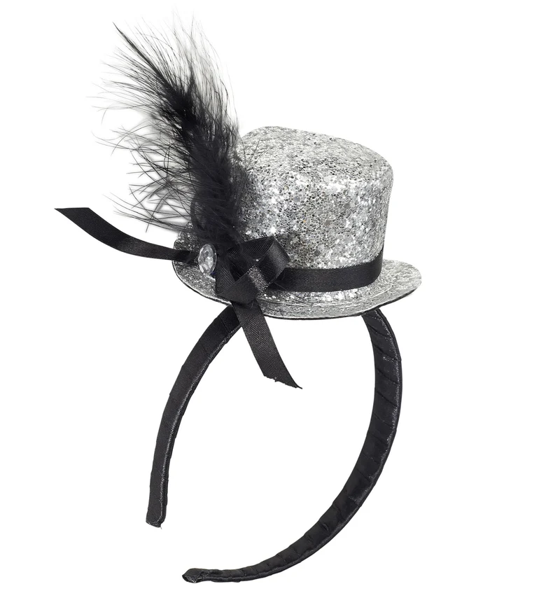 Haarband glitter hoedje met veer zilver