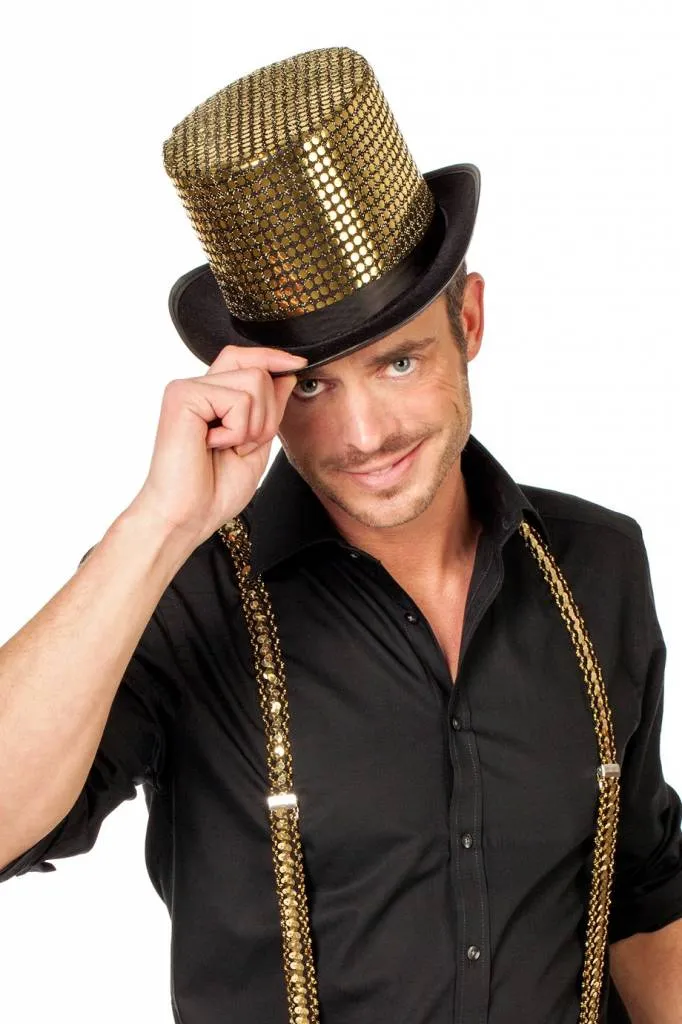 Hoge hoed paillettenstof goud